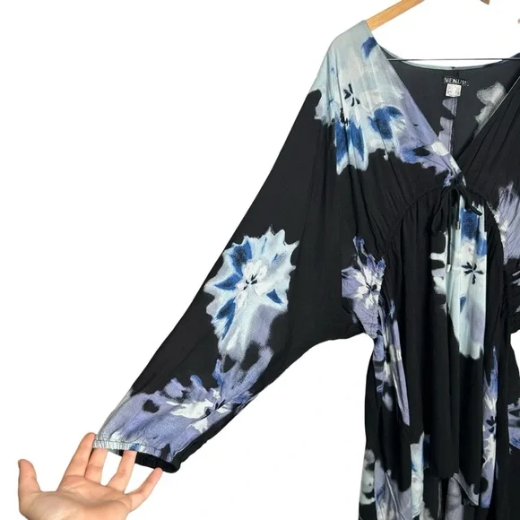 Venus Black Floral V-Neck Boho Slouchy Caftan Hi-Low Mini Dress Size Large - Picture 5 of 9